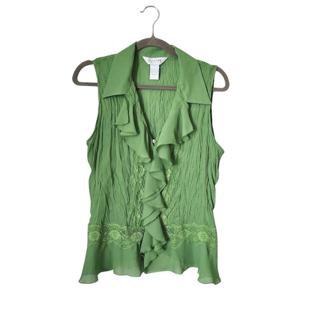 ALLISON TAYLOR Y2K Crinkle Ruffle Lace Sleeveless Top green Fairycore McBling L